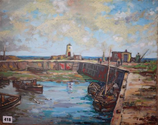 John Marshall, oil on card, Nairn Harbour, signed, label verso, 41 x 51cm, unframed